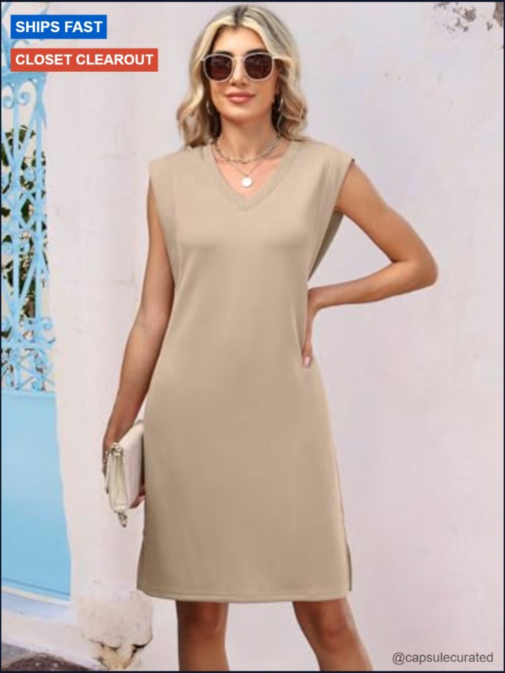 V Neck Sleeveless Mini Sundress with Pockets, Business Casual Beach Vacation - Picture 4 of 7